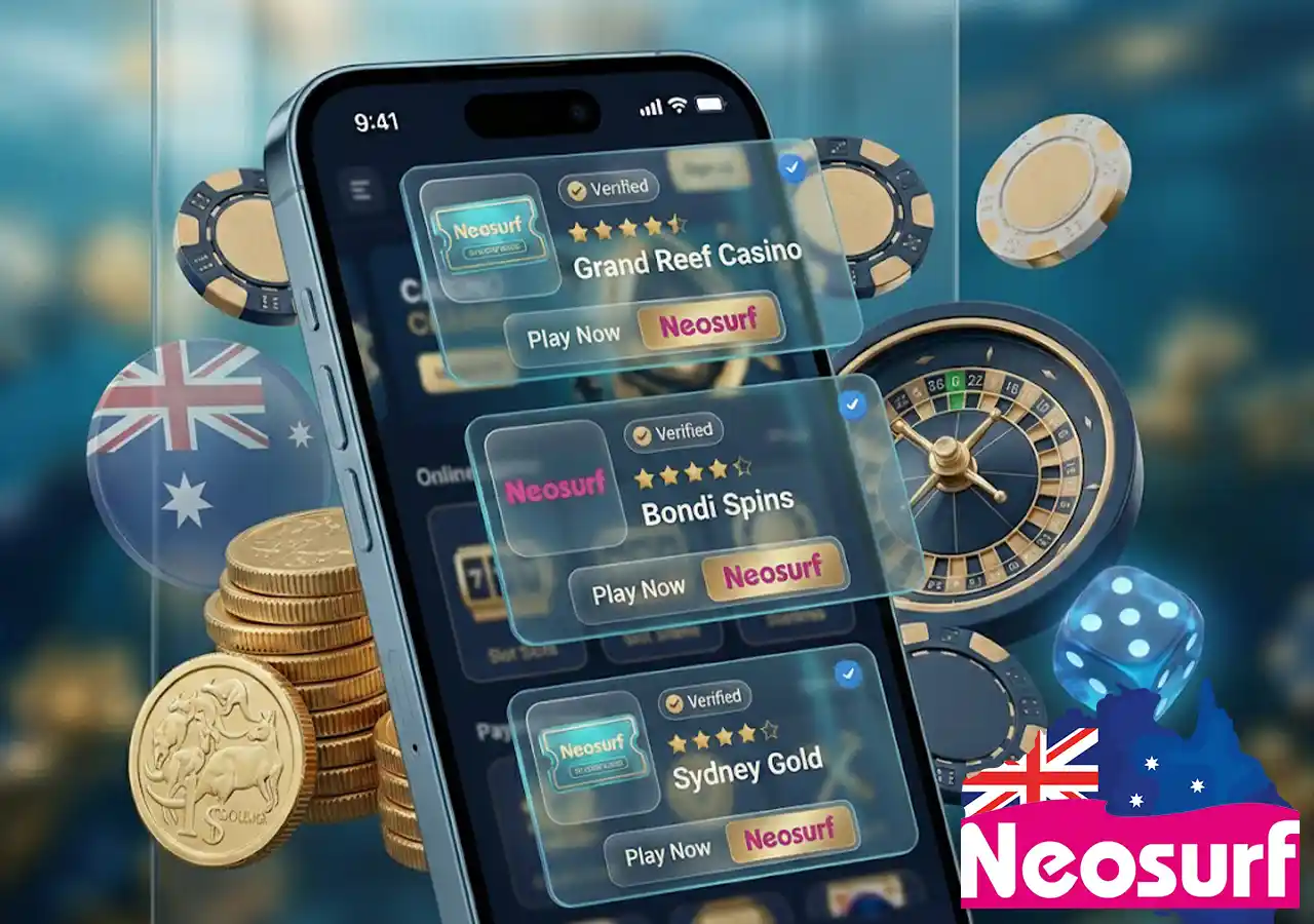 Comparison criteria for the best Neosurf casinos in Australia with rating stars and trust badges.